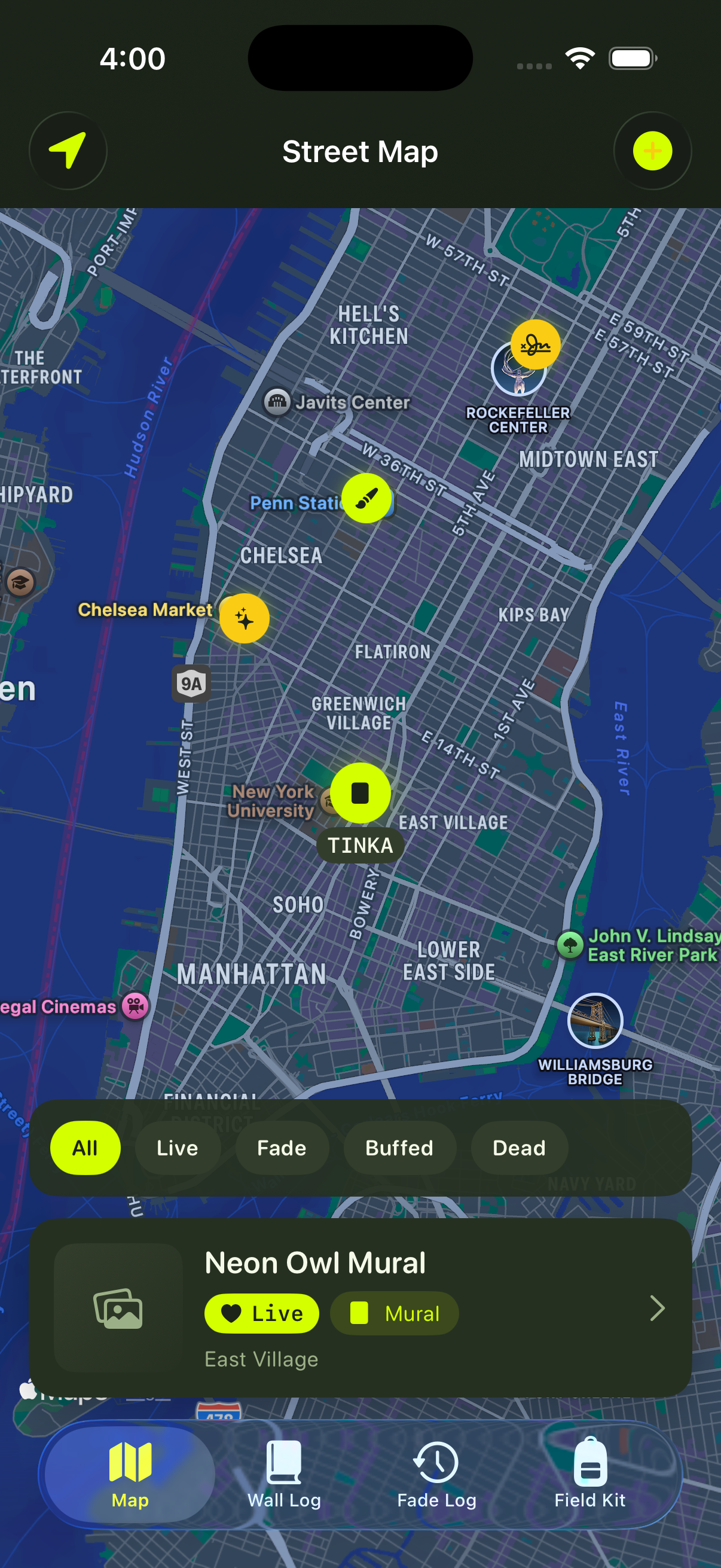 Street map with color-coded pins