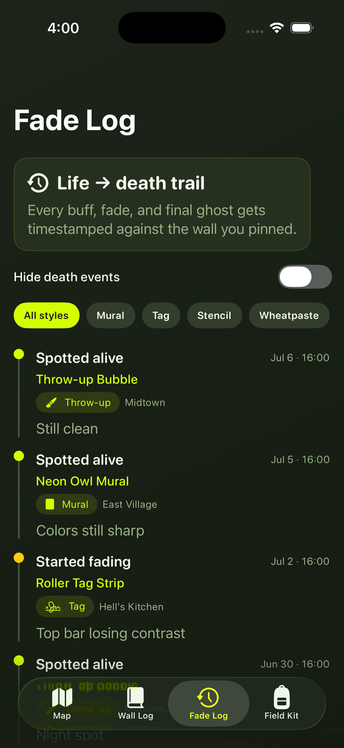 Fade Log timeline